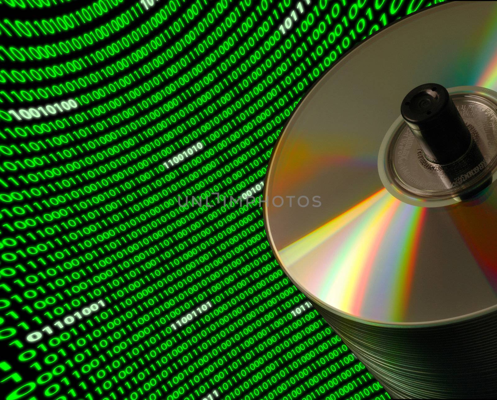 Close-up of a stack of CD/DVD disks on a Dutch angle, with a curved field of binary code