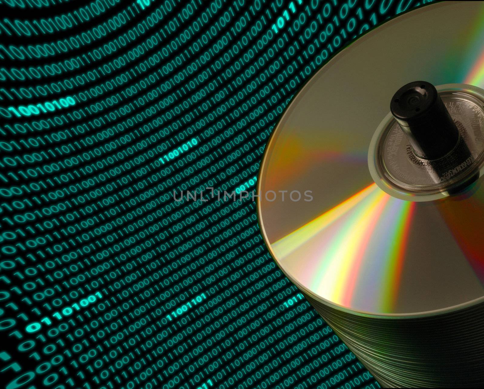 Close-up of a stack of CD/DVD disks on an angle, with a curved field of binary code in the background
