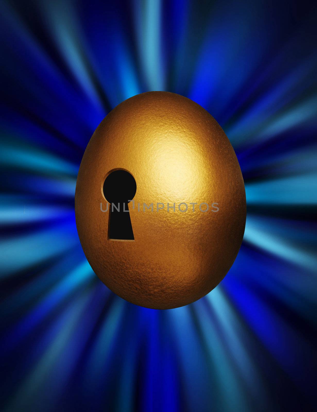 Golden egg with keyhole representing unlocking financial security against a blue vortex background