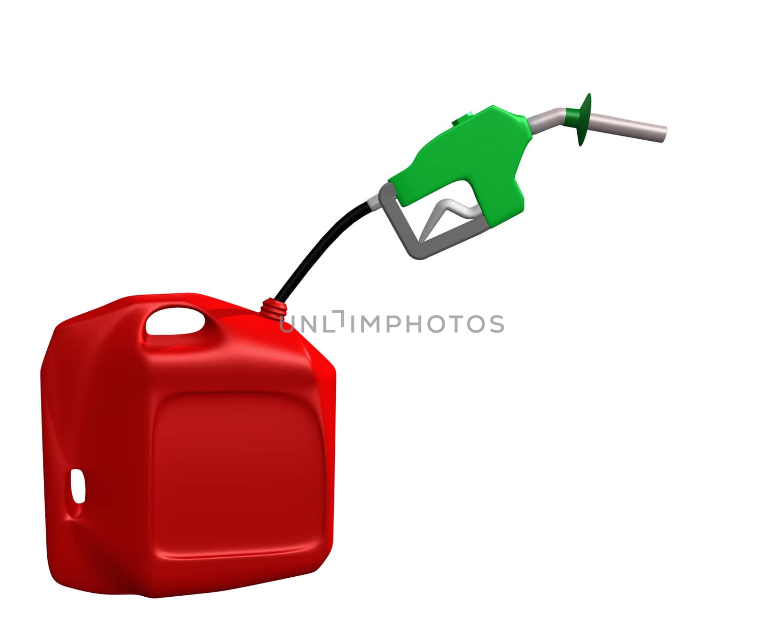 gas concept with green nozzle with hose pumping from red gas can isolated on white