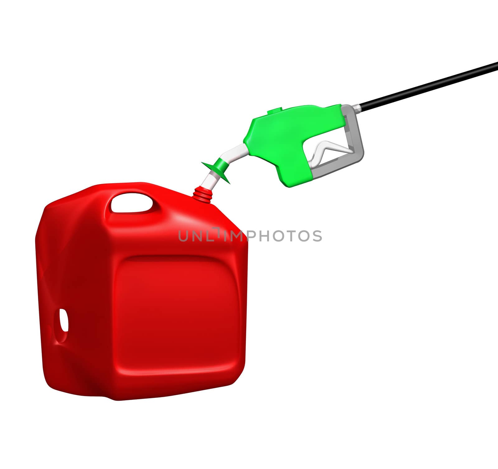 gas concept of nozzle in 5 gallon red plastic gas can isolated on white