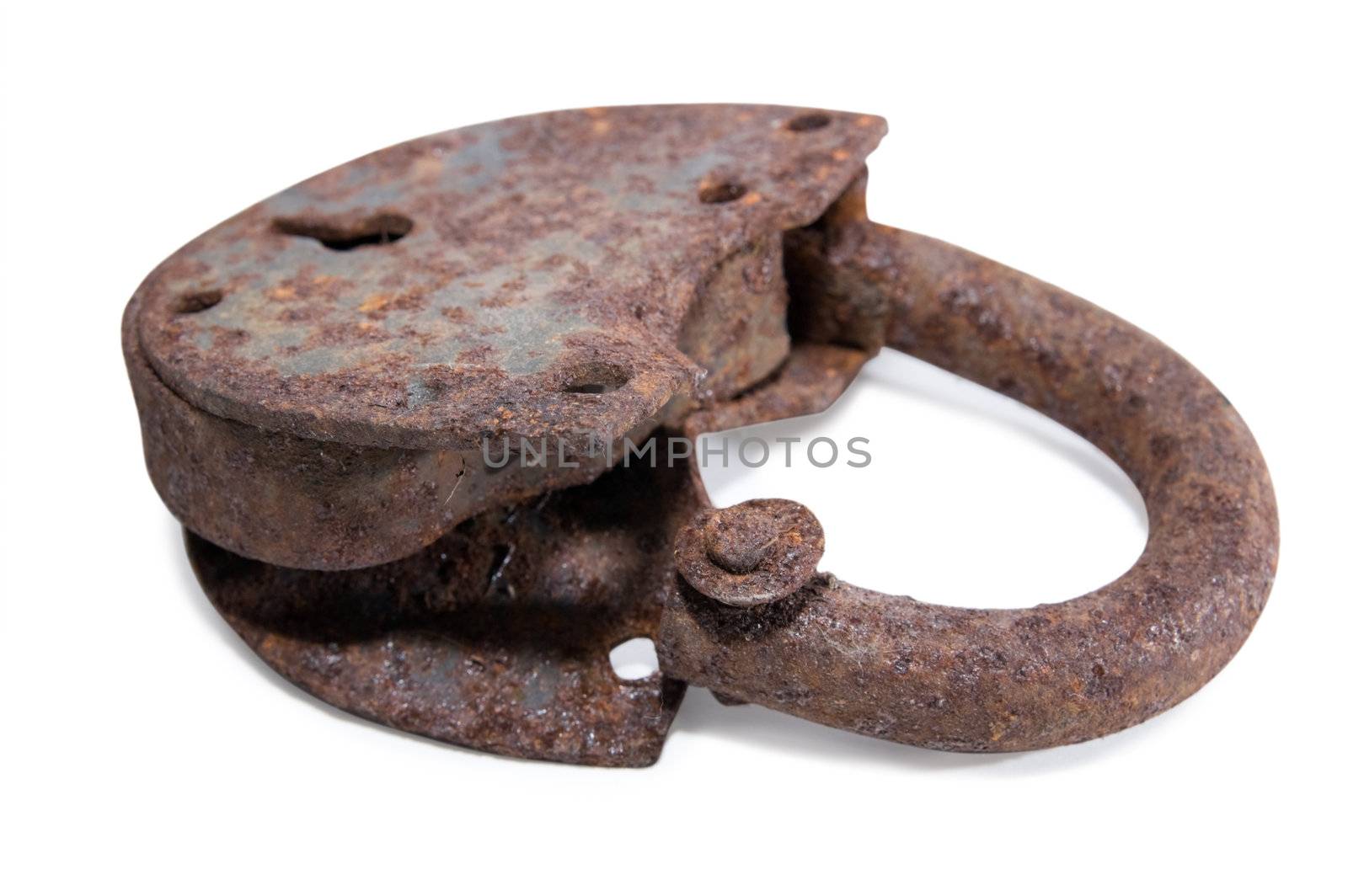 Very rusted old lock on white background