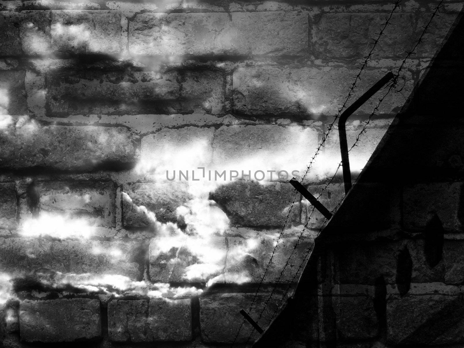 a barbed wire against background of a brick wall and cloudy sky