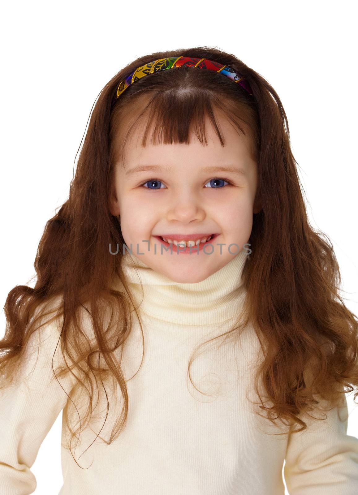 Portrait of a smiling girl with long hair isolated on white background