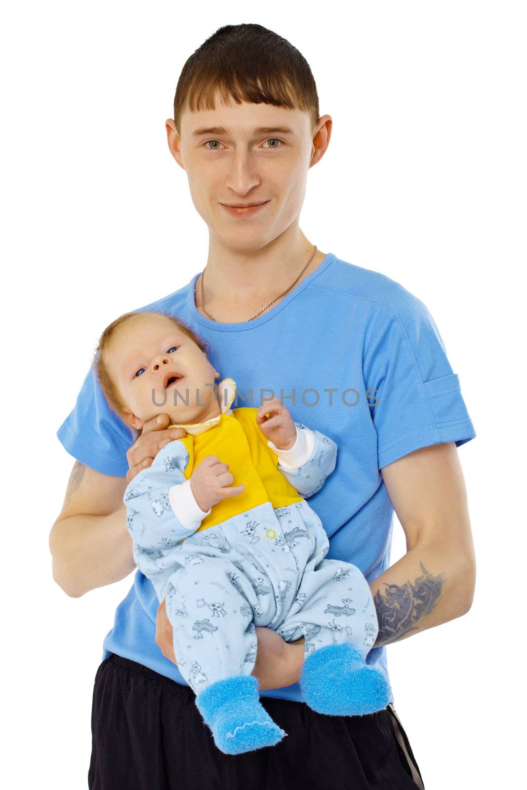 A young man is holding his son - infant isolated on white background