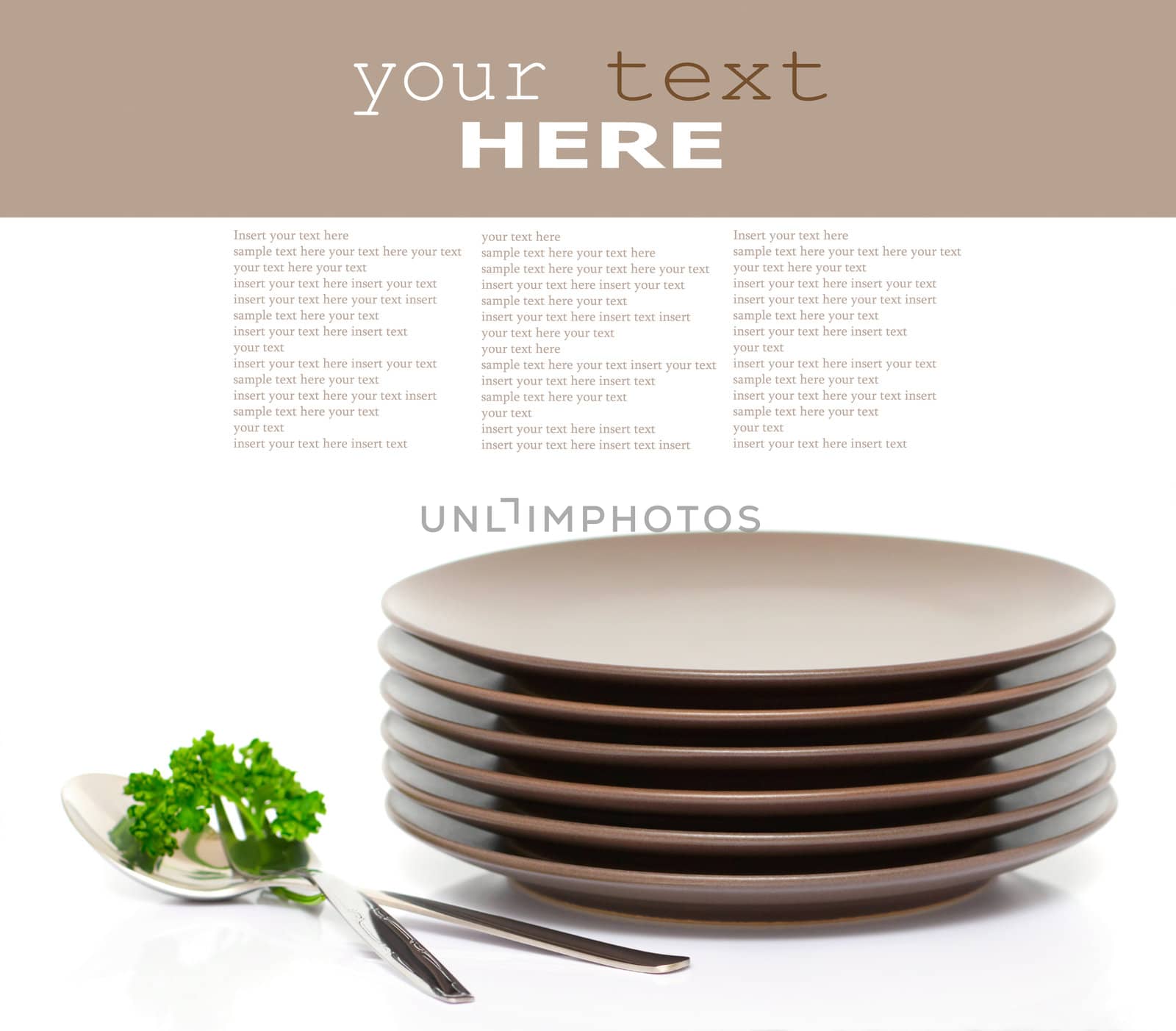 Stack of brown round plates with fork, spoon and parsley (with sample text)
