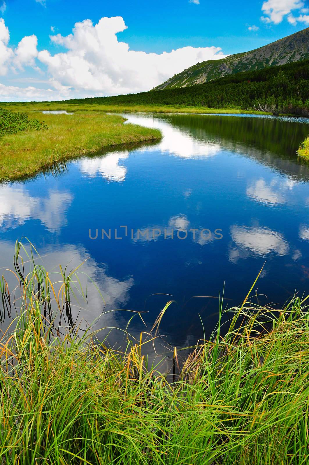 Mountain lake sky and clouds reflection with grass foreground by martinm303