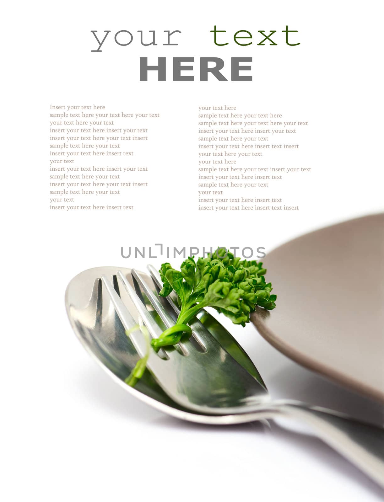 Parsley with fork and spoon isolated on a white background (with sample text)