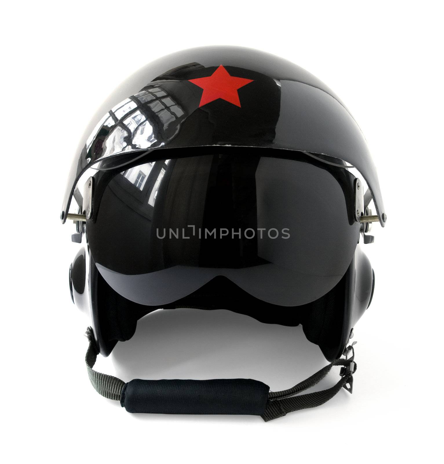 black aviator helmet isolated on a white background