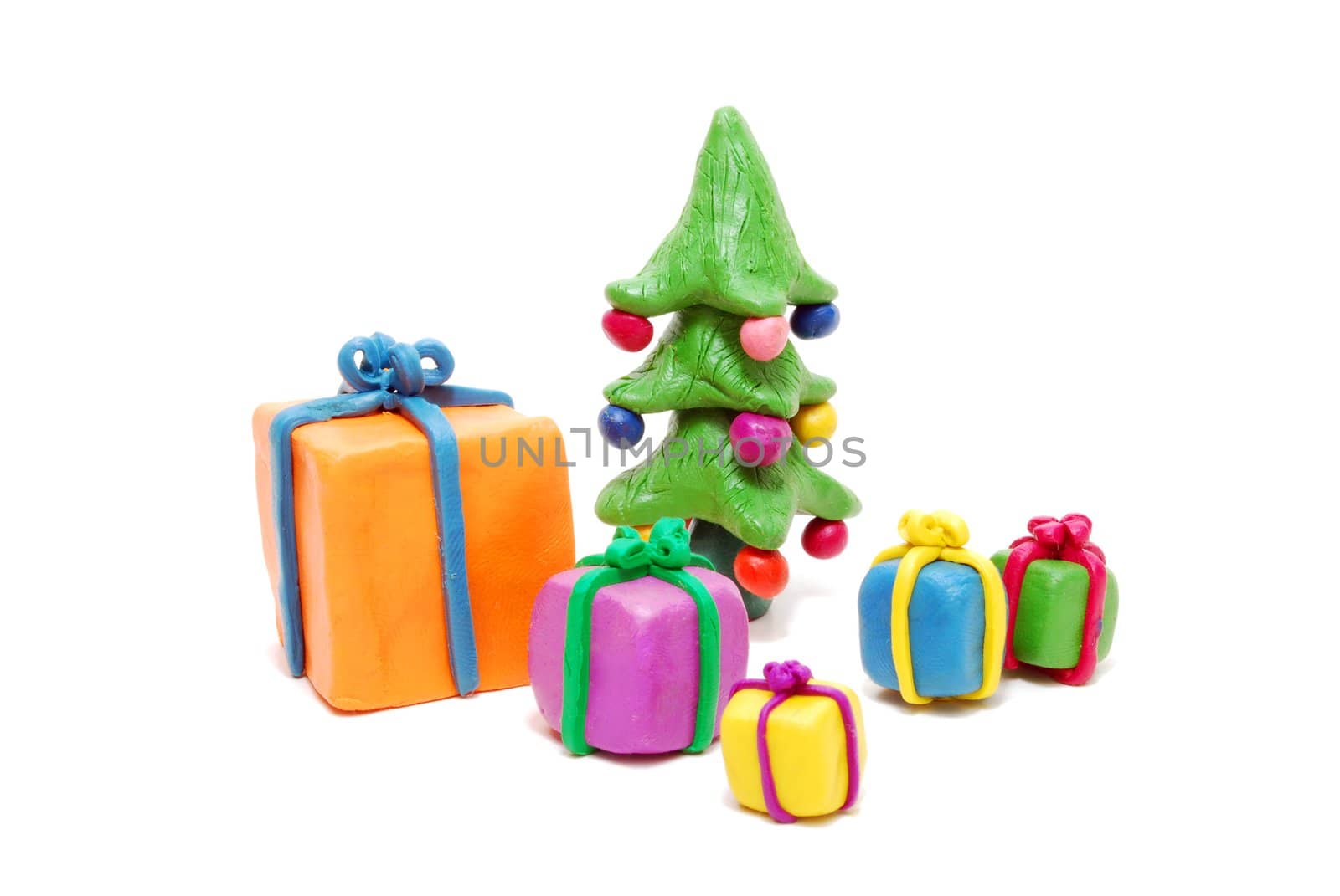 Various Gift Boxes and Christmas Tree Isolated on White