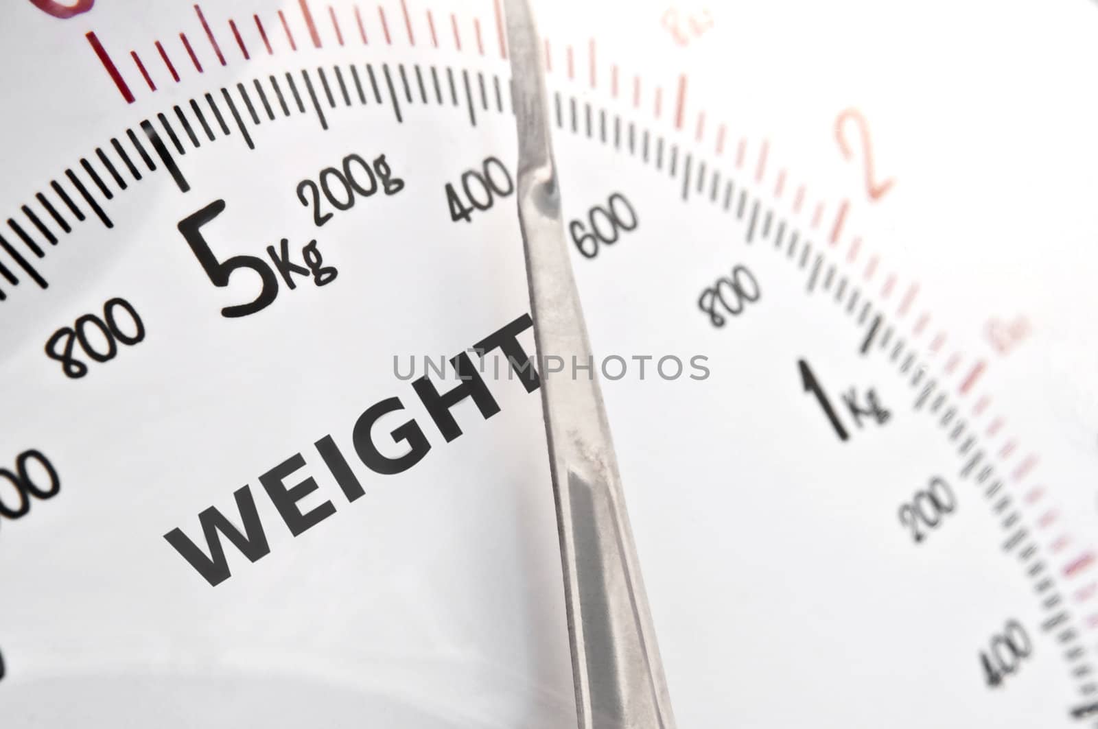 Close up on white kitchen scales incorporating the word 'weight'