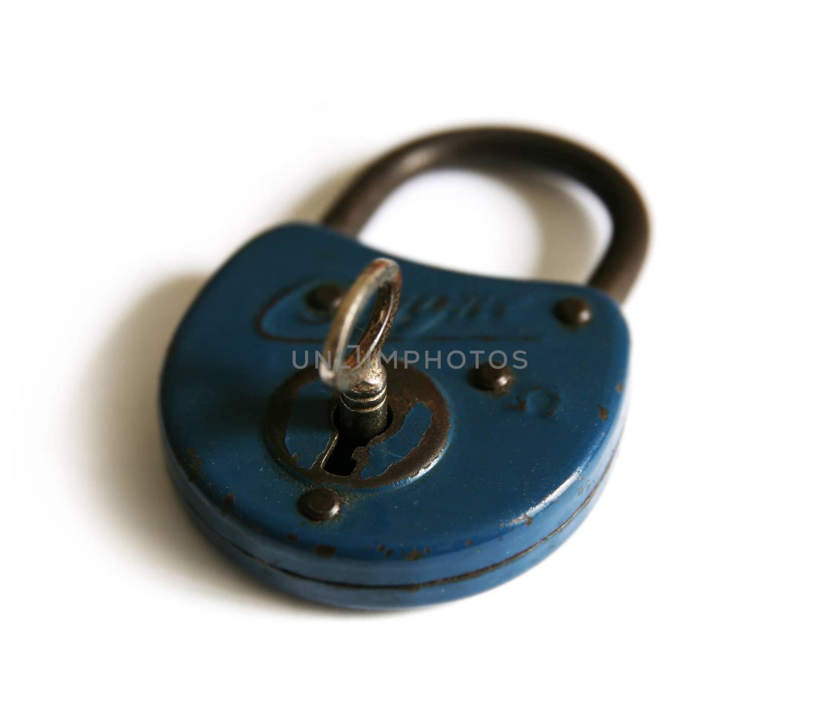 blue vintage metal padlock on white background