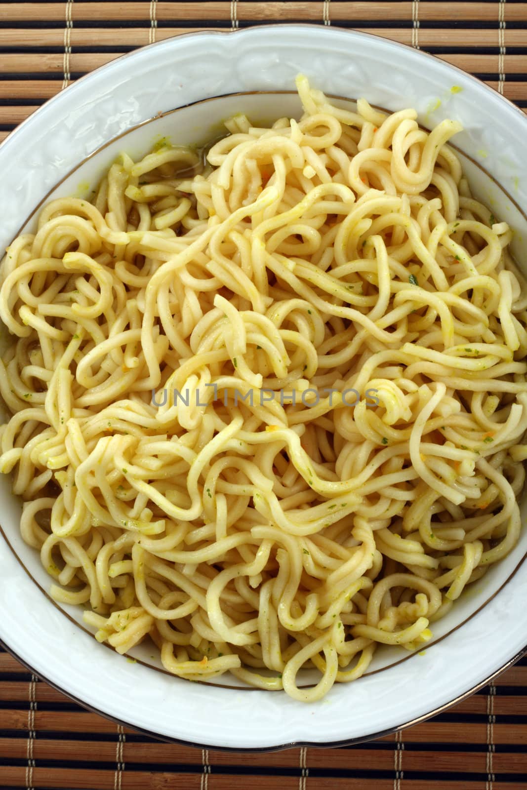 Bowl of instant noodles close up