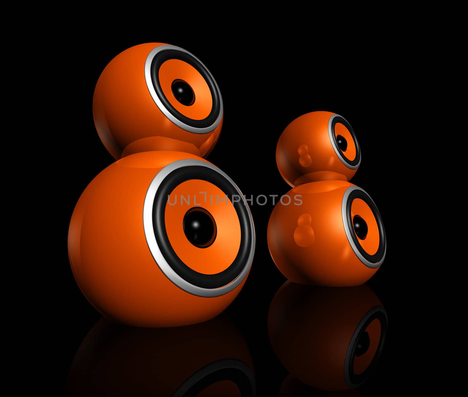 three dimensional orange speaker spheres isolated on black