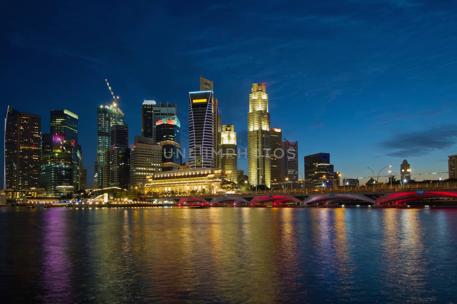 Singapore River Waterfront Skyline at Blue Hour from Esplanade