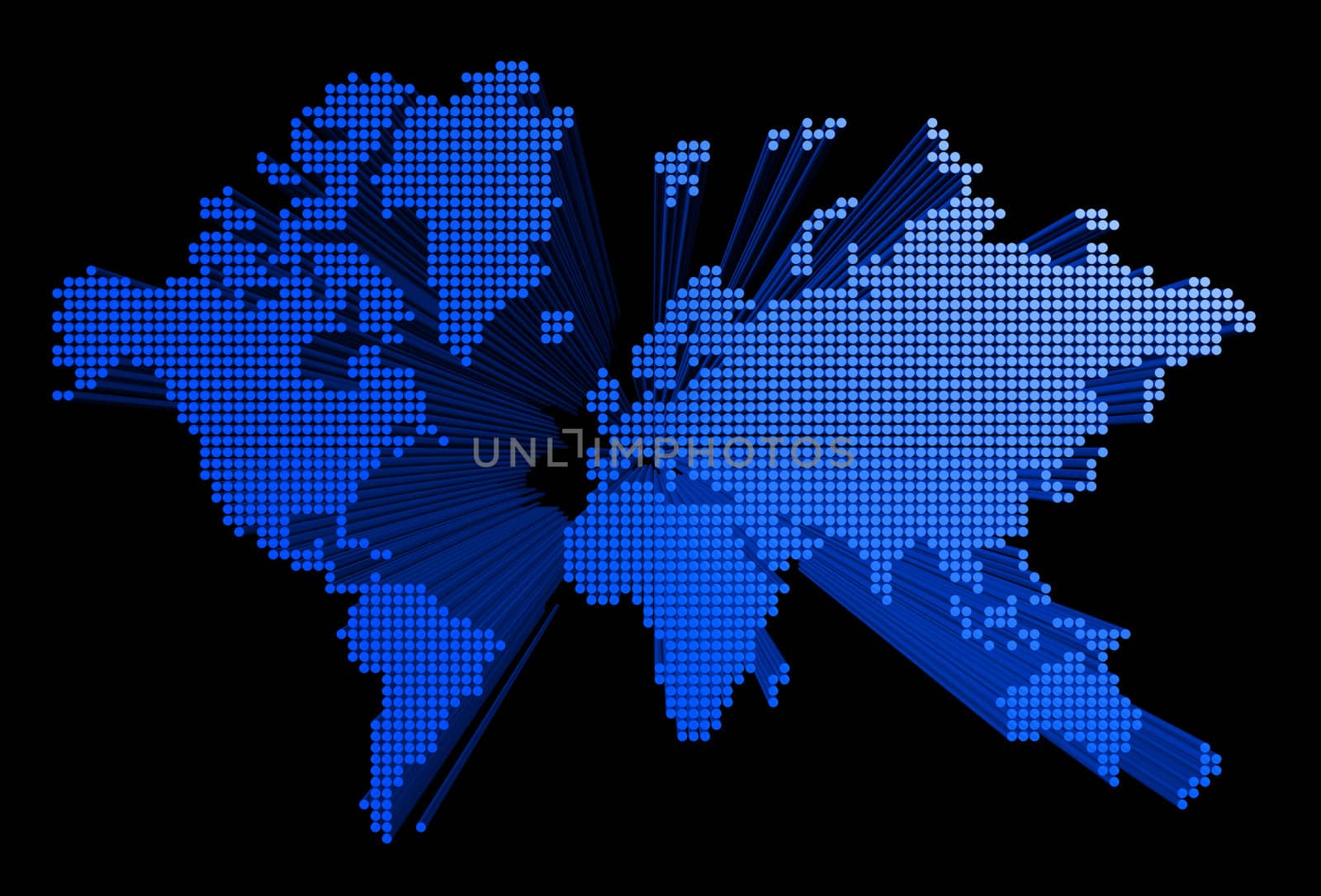 three dimensional spotted world map on black background