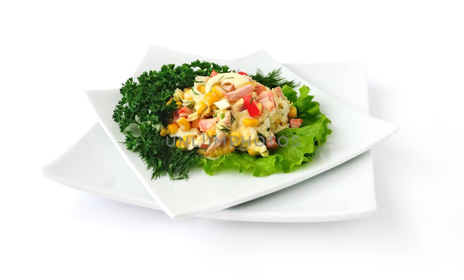 a salad of corn, Chinese cabbage, egg, ham, peppers and mayonnaise