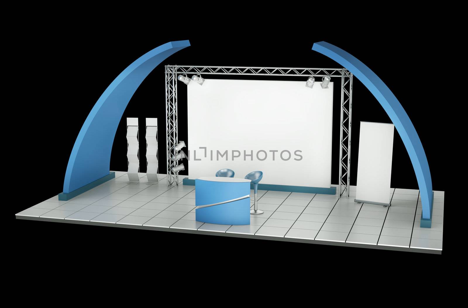 Tradeshow stand against a black background. 3D rendering.
