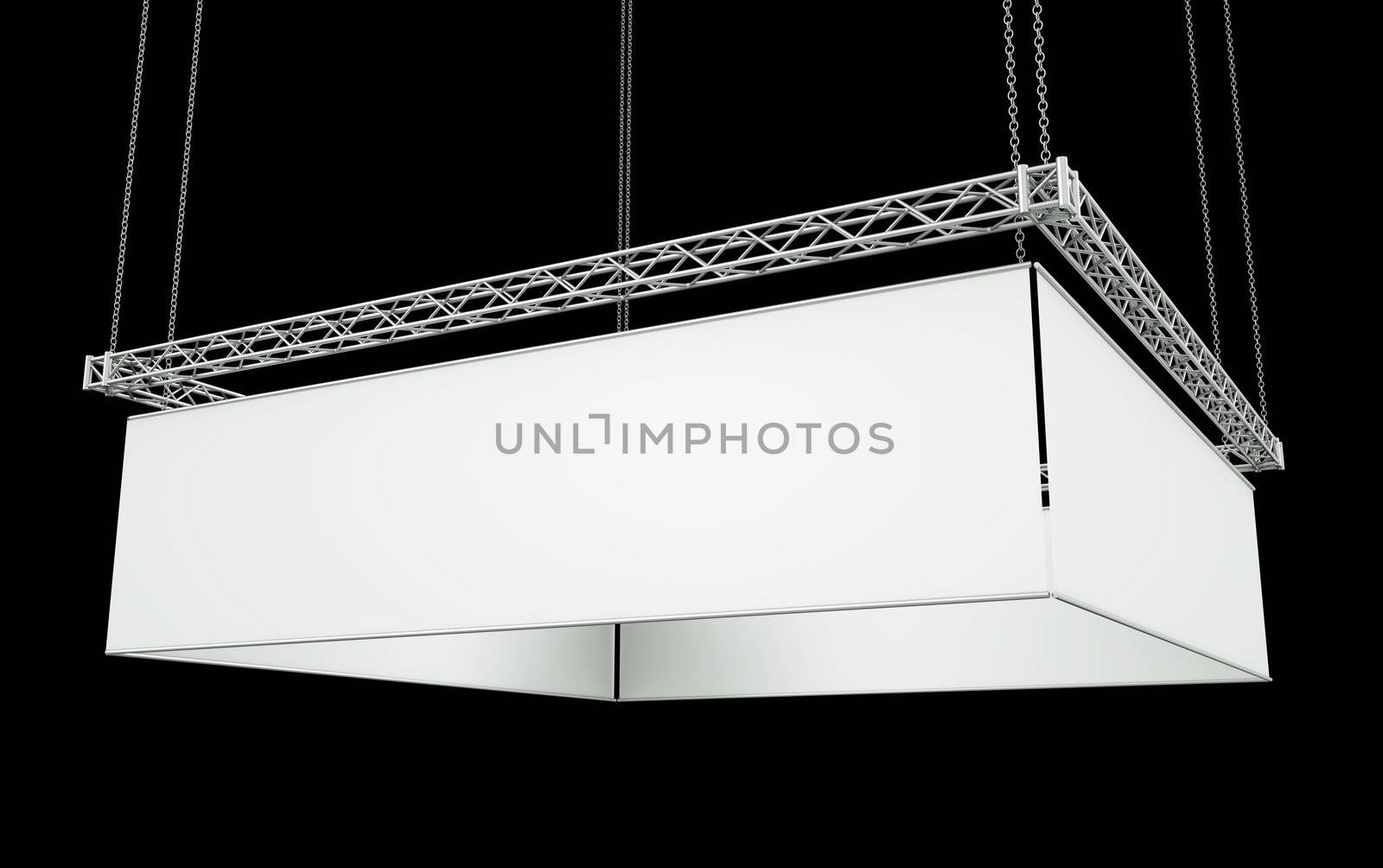 Blank four-sided hanging banner against a black background. 3D render.