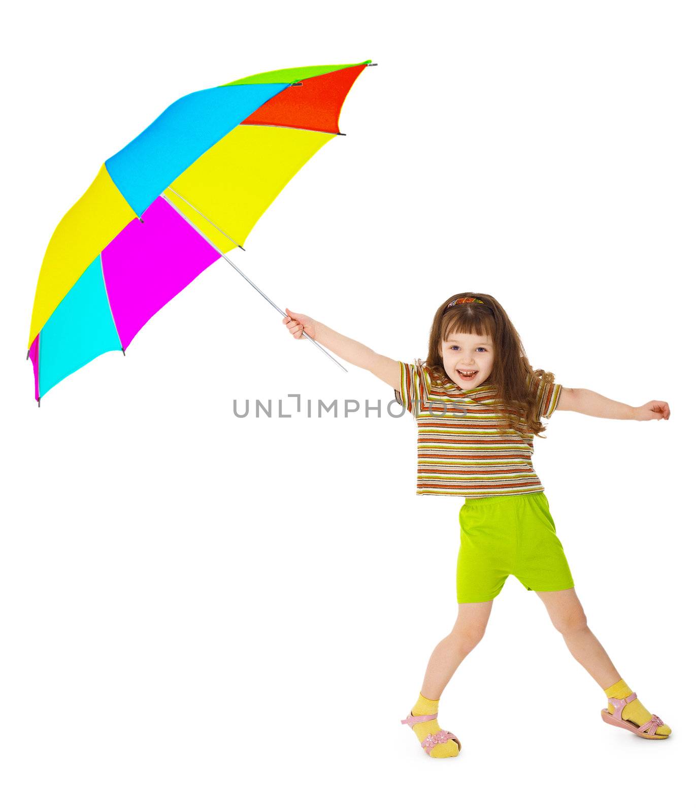 Little happy girl is playing with color umbrella by pzaxe