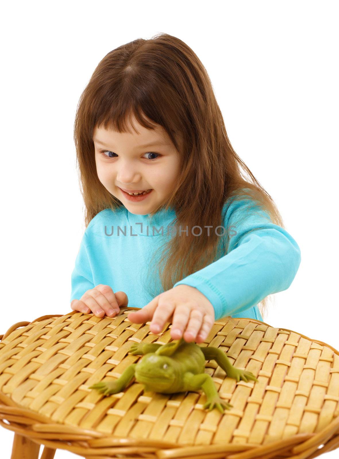 Girl cautiously stroking a toy lizard by pzaxe