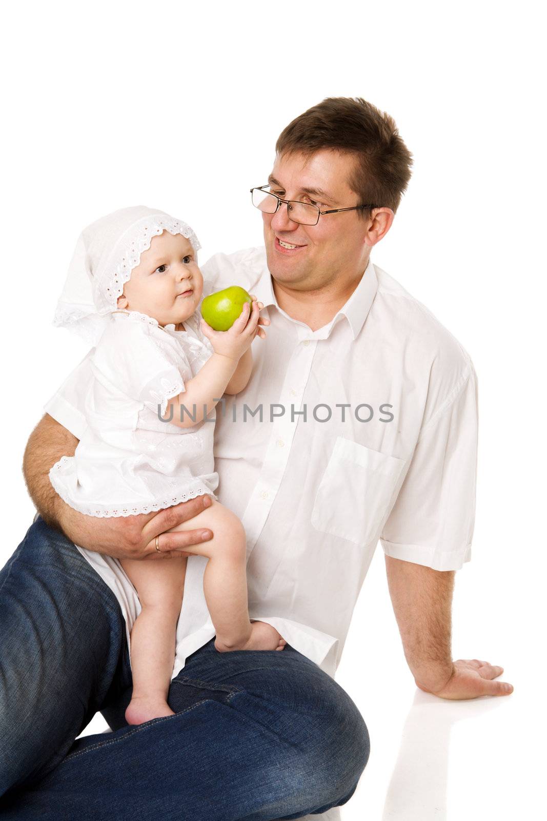 Happy Father with baby girl posing isolated on white