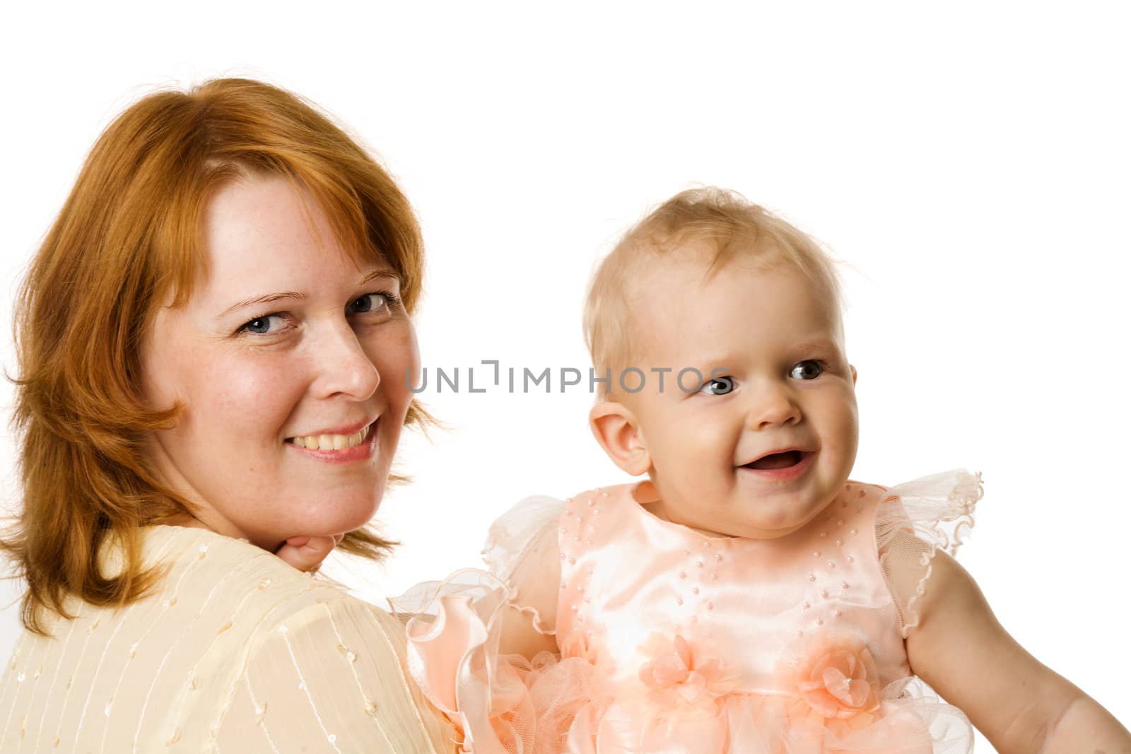 Happy mother holding daughter isolated on white