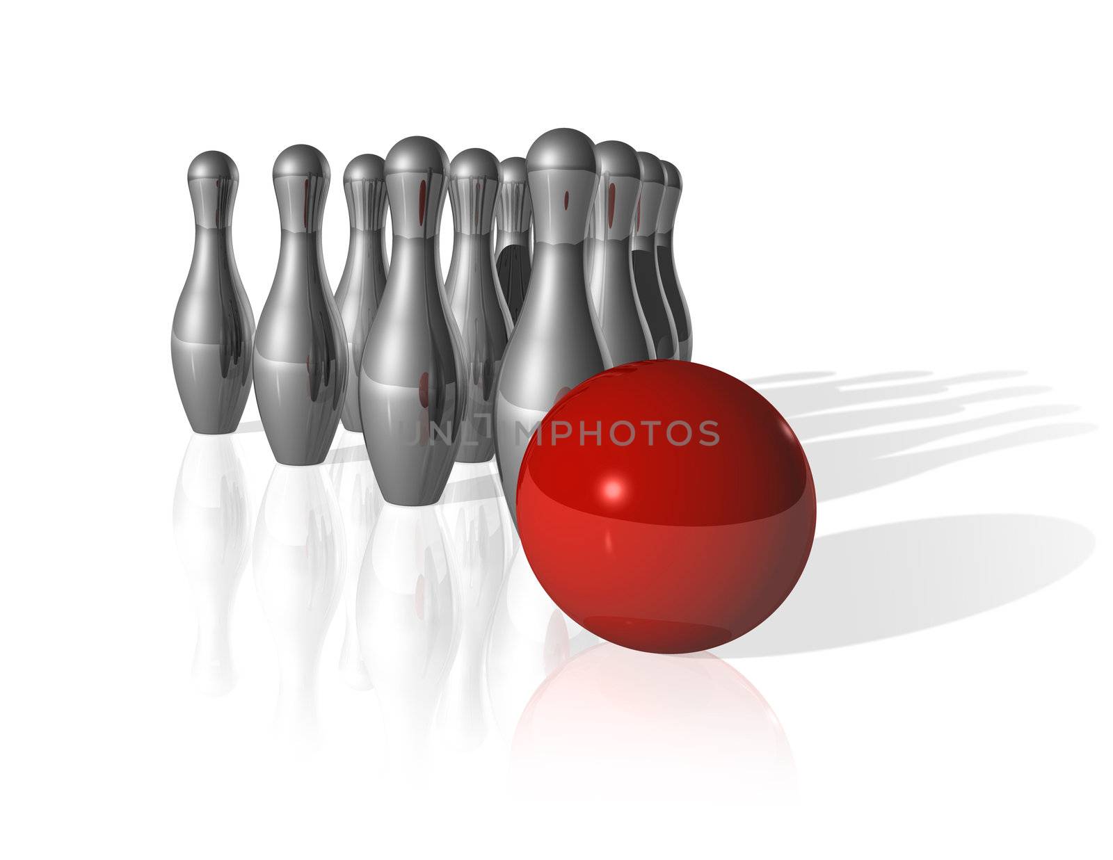 ten metal bowling skittles and red ball on white background - three dimensional illustration
