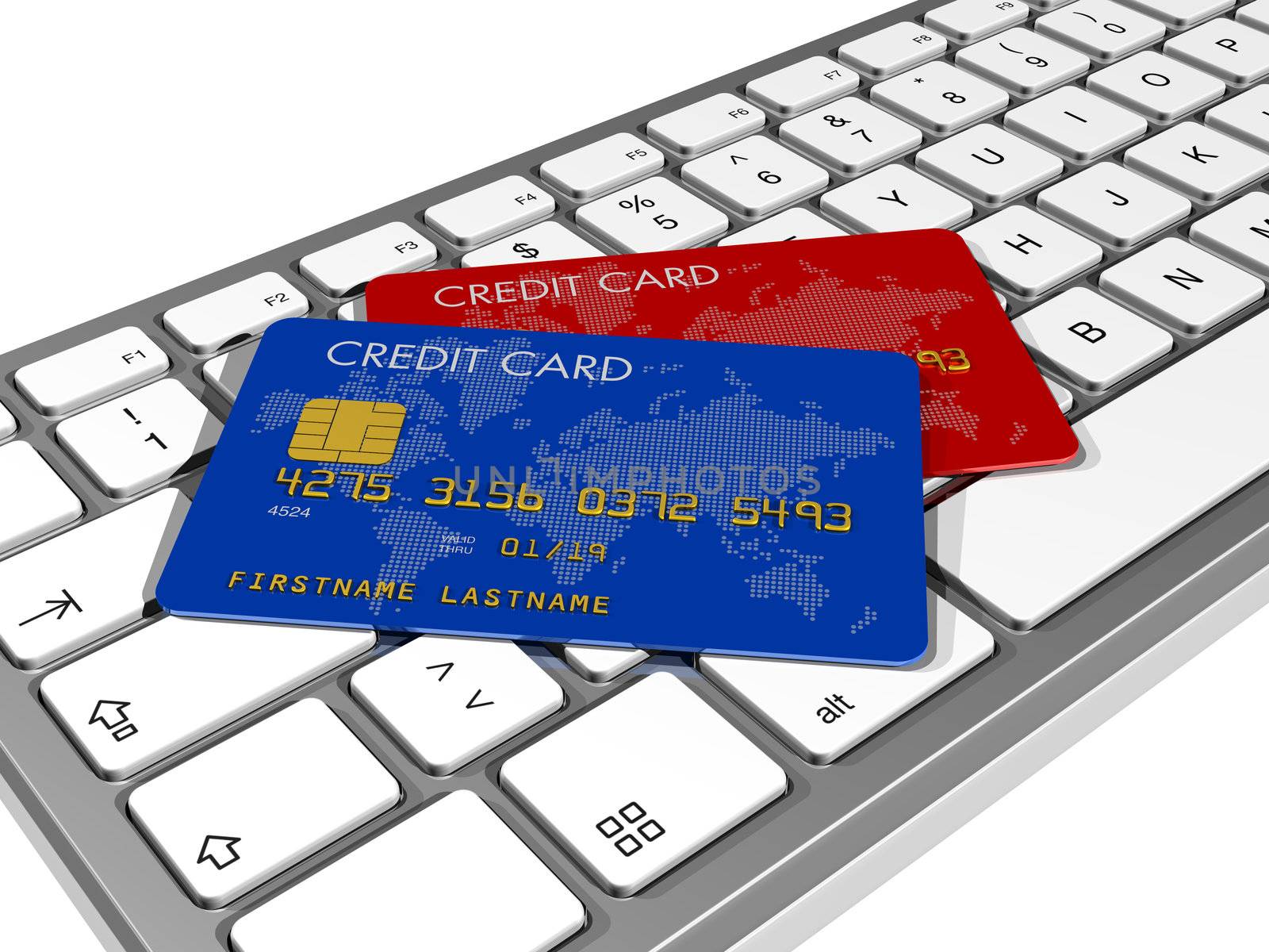 blue and red credit cards on a computer keyboard