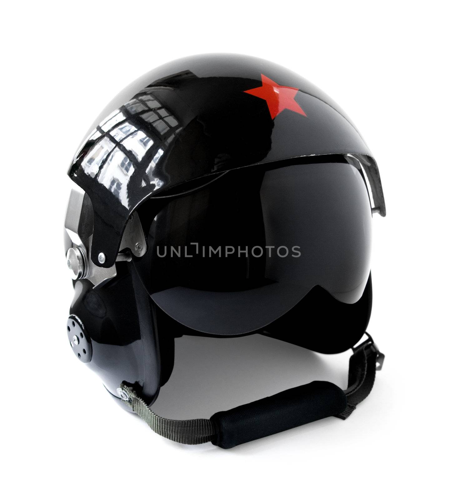 black aviator helmet isolated on a white background