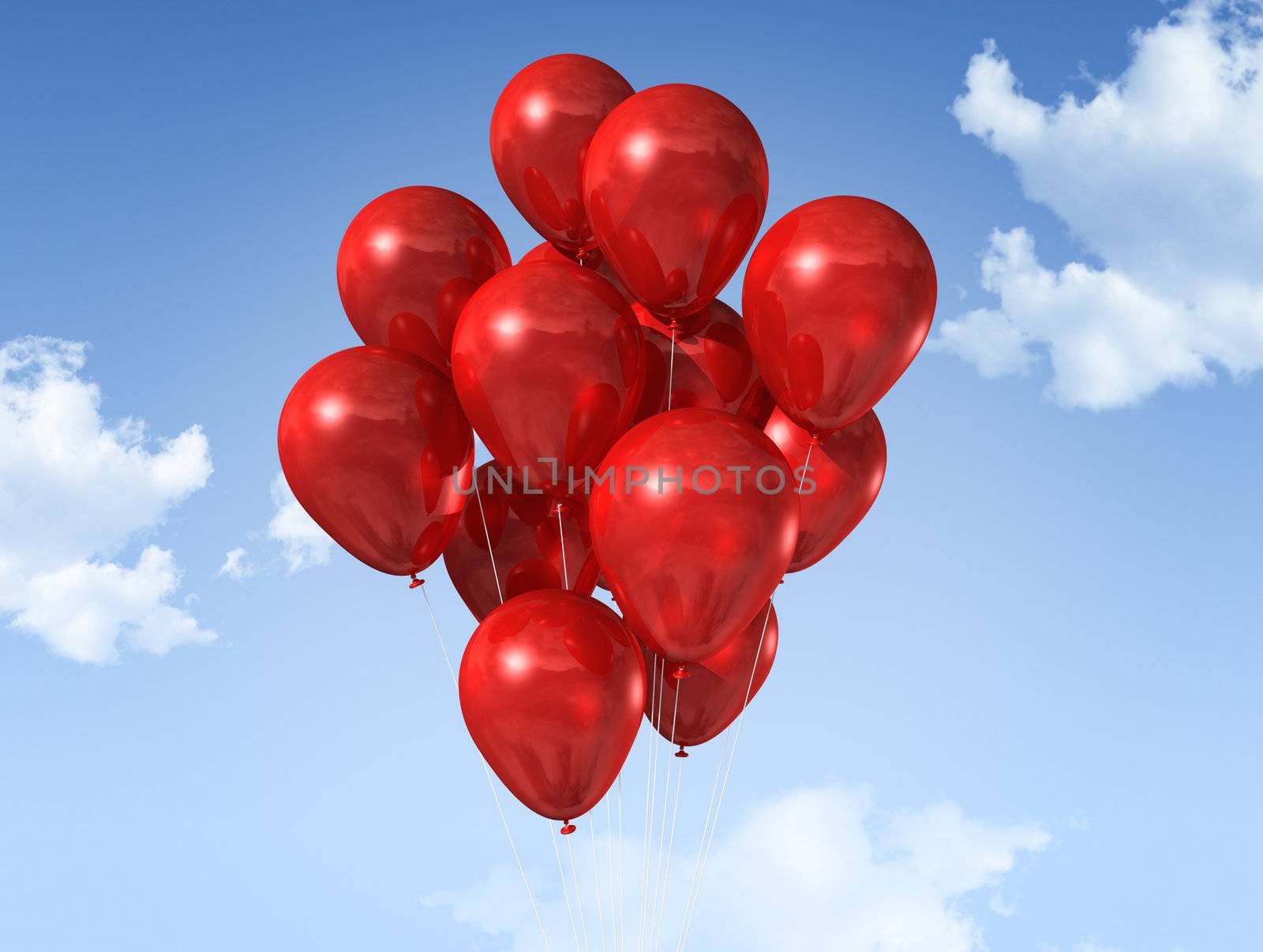 red air balloons floating on a blue sky