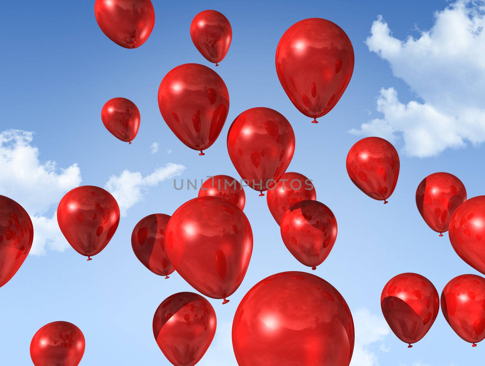 red air balloons floating on a blue sky