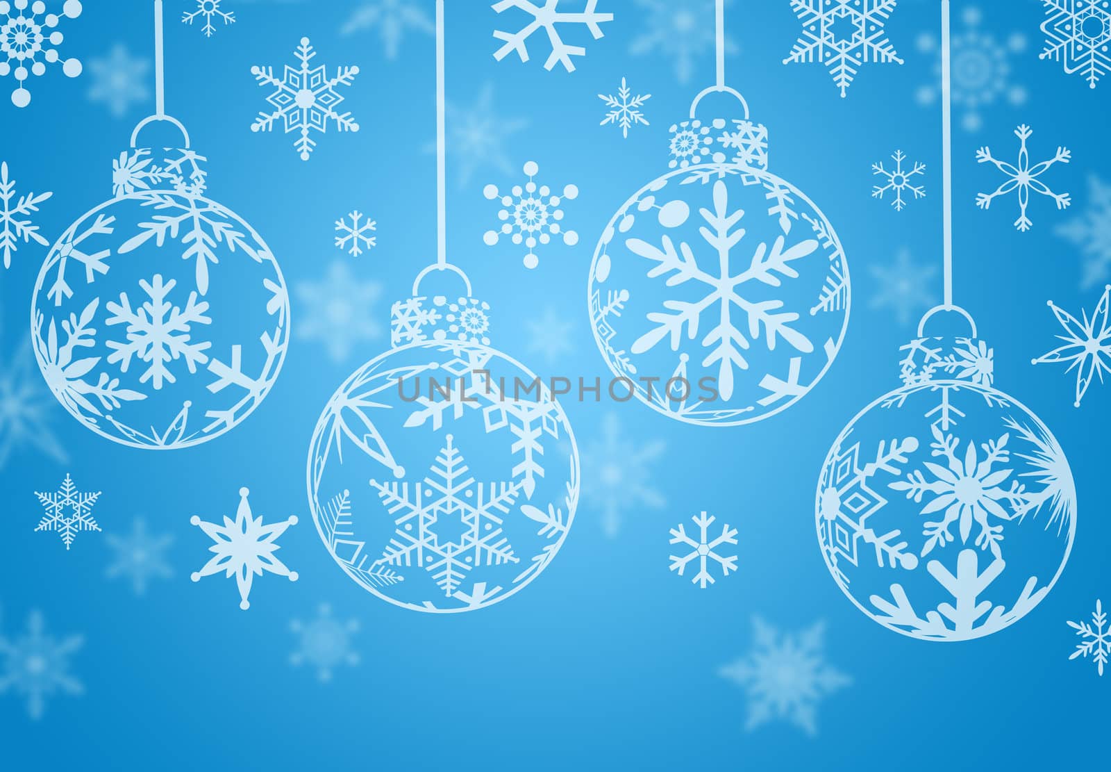 Christmas Ornaments with Snow Flakes on Blue Background