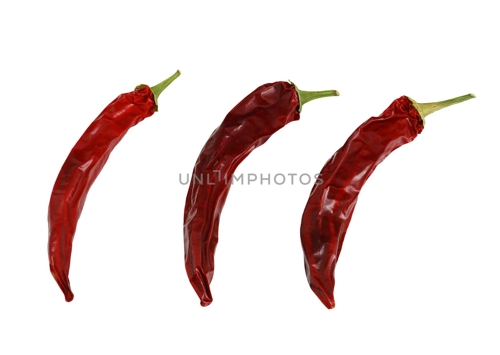 Three dried hot red chili peppers isolated on white background