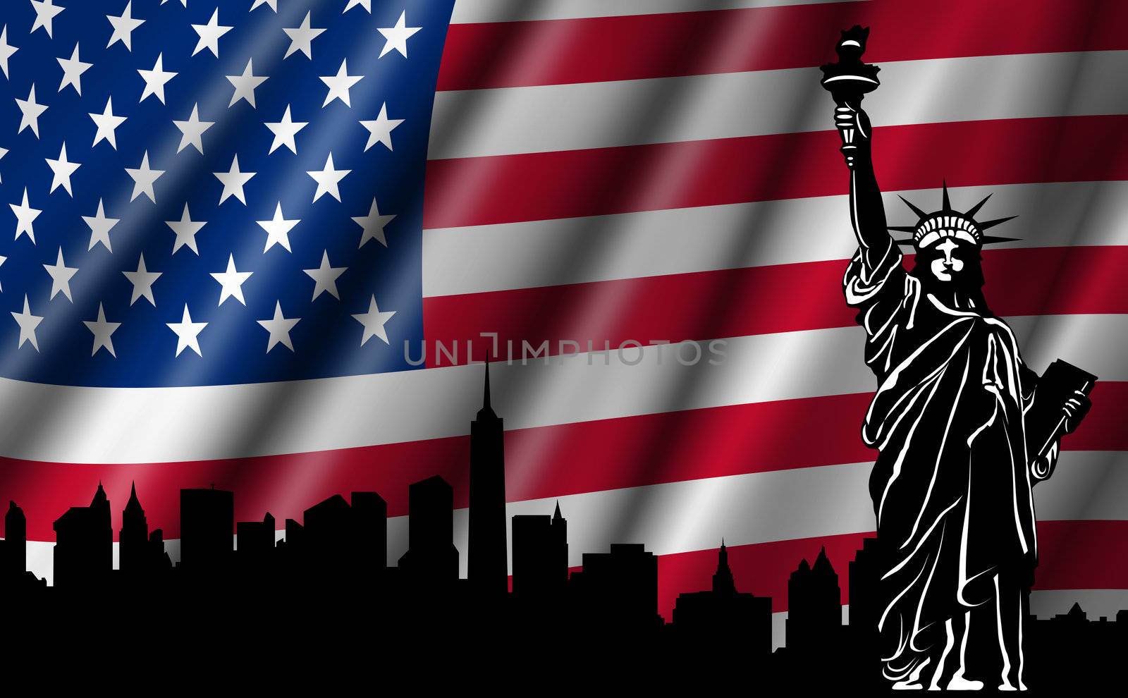 USA American Flag with Statue of Liberty New York Skyline Silhouette Illustration
