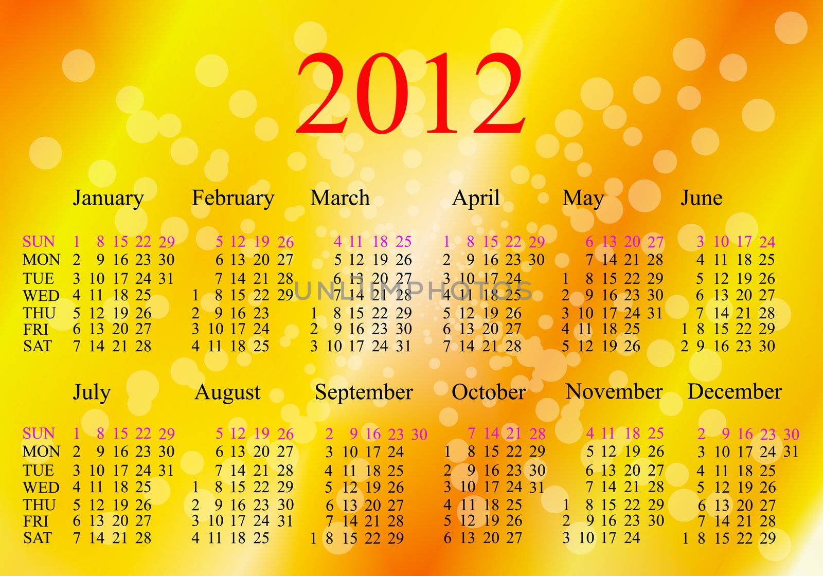 2012 Calendar.New calendar for 2012 for a bright yellow abstract background