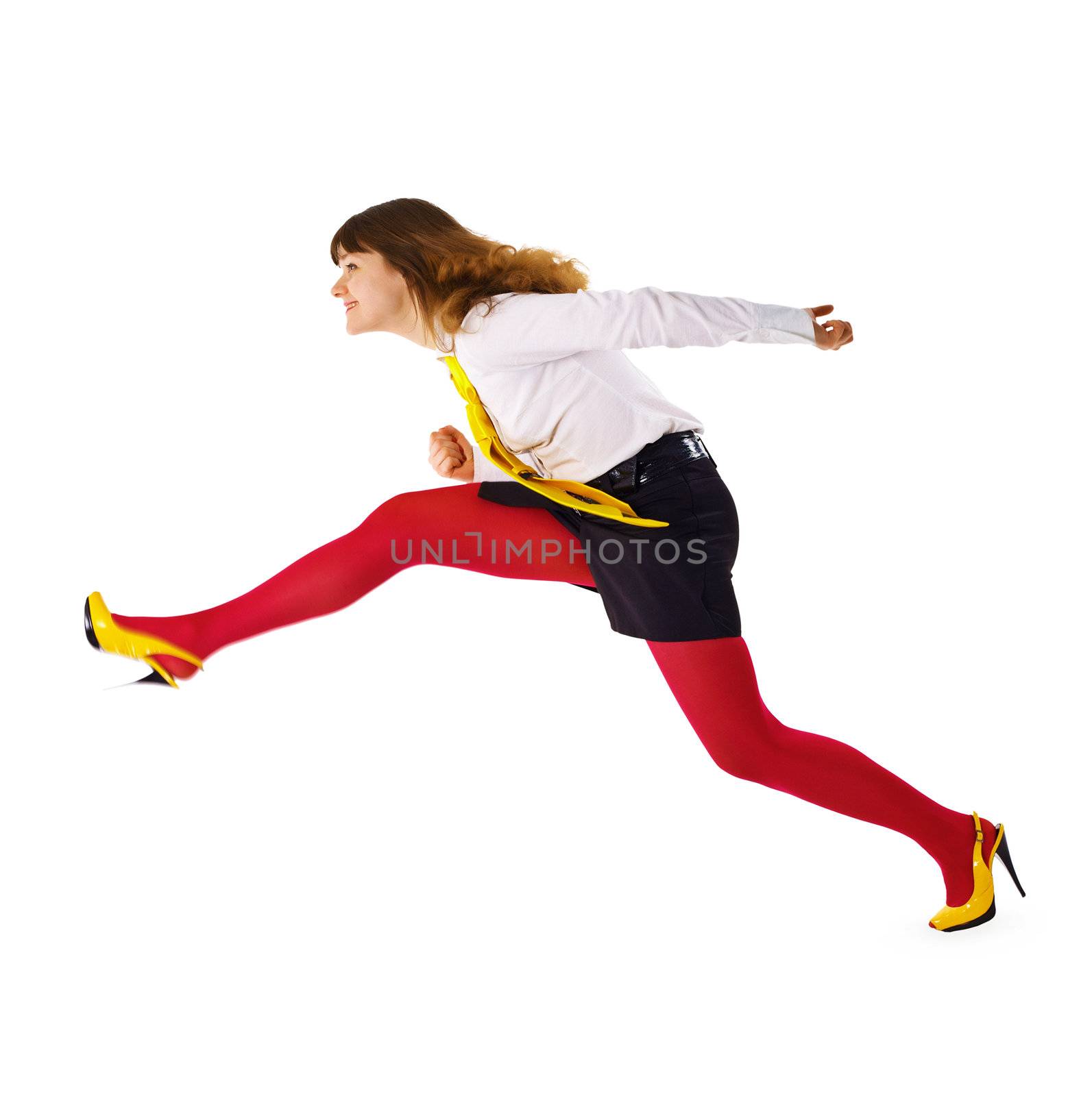 The business woman speeds up somewhere hurrying up isolated on white background
