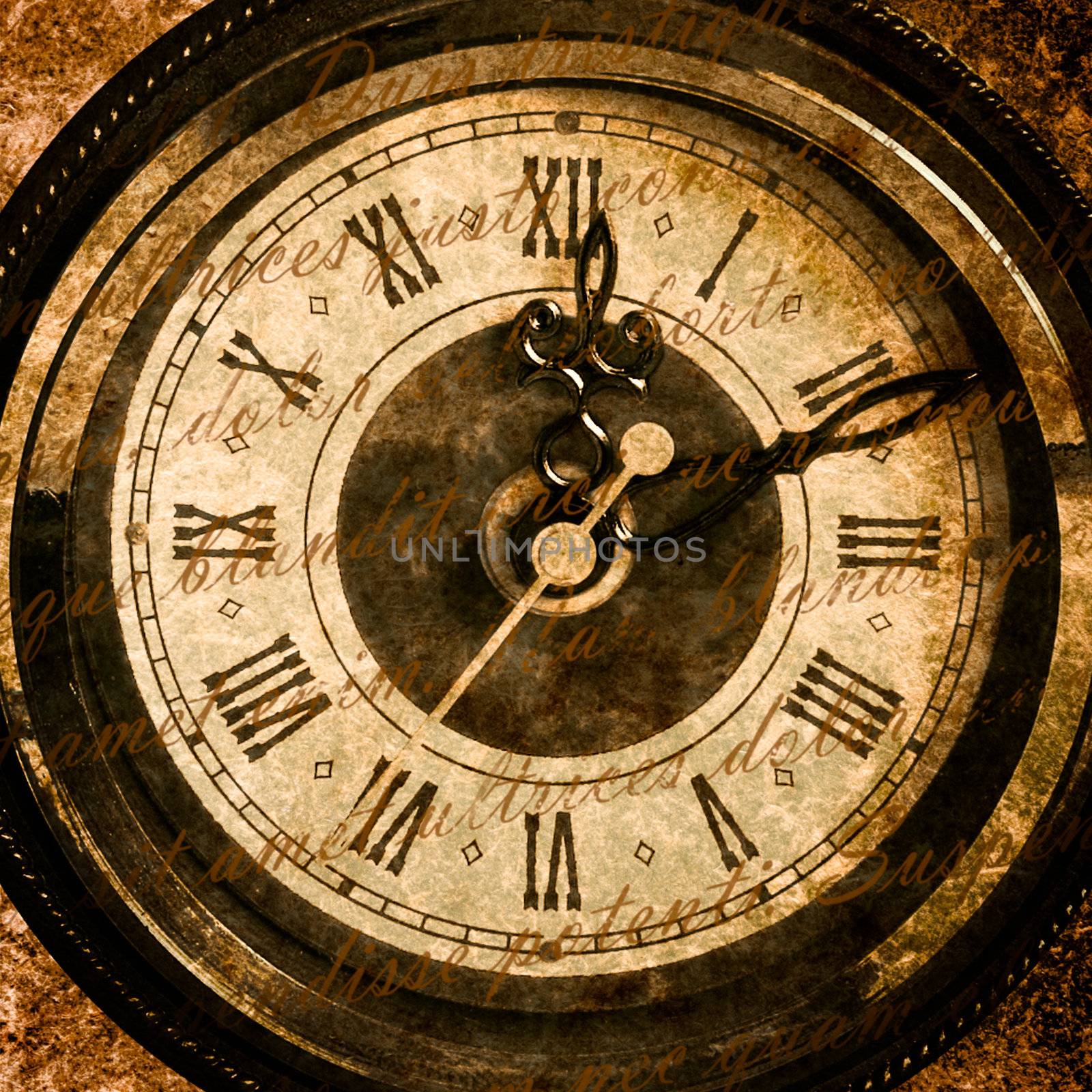 Time concept - vintage clock face with grunge texture and lod text