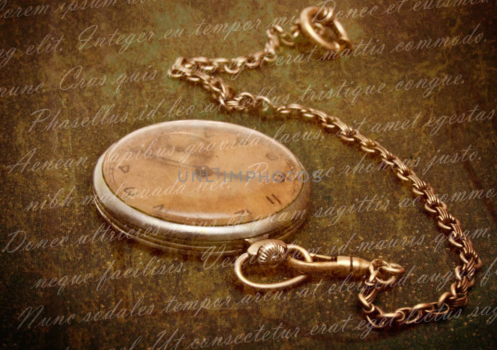 Old clock with chain lying on rough green surface by dimol