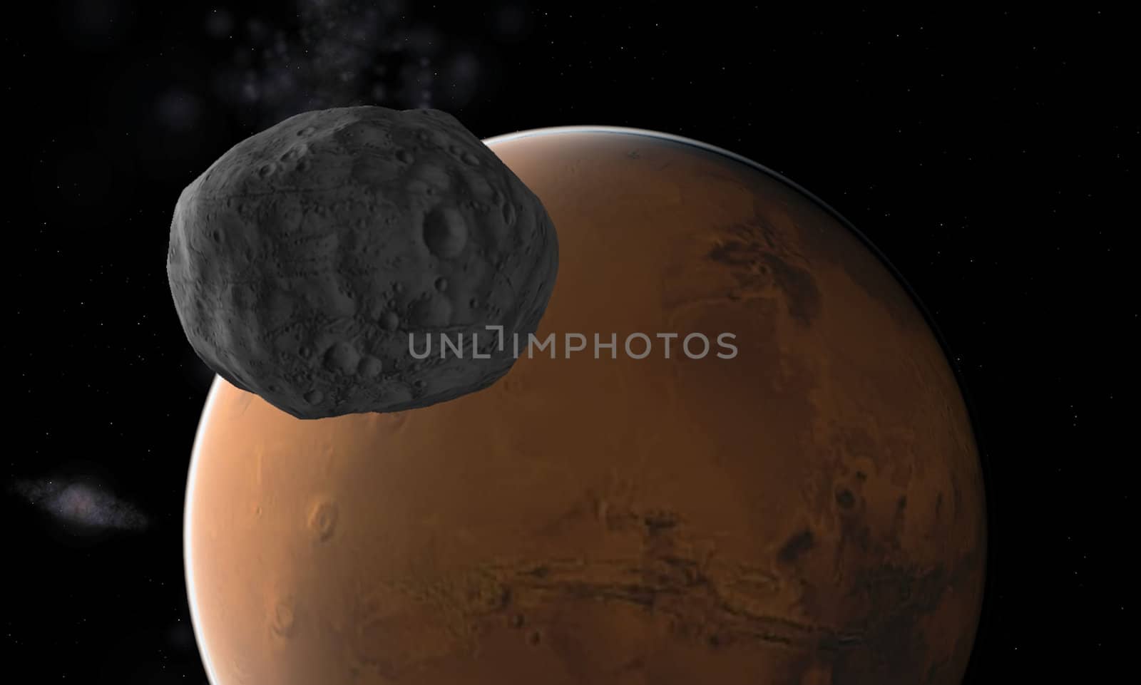 Mars and Phobos on a background of stars 
