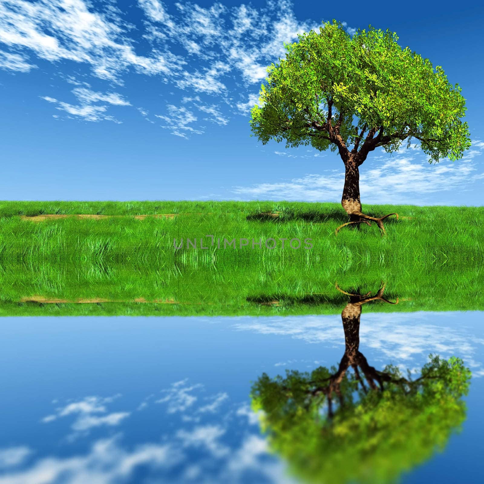 the tree, the meadow and water