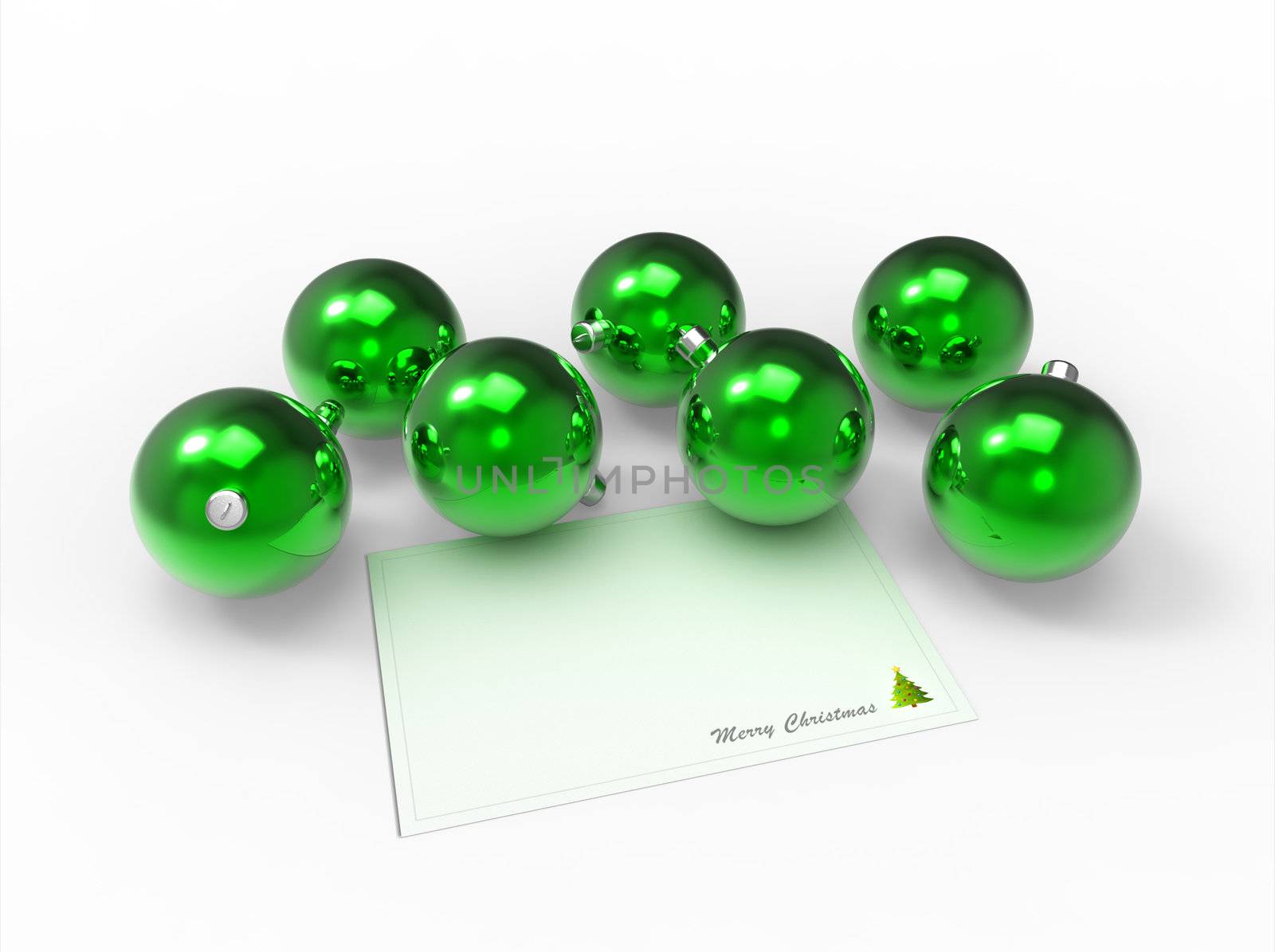 Christmas green baubles and white christmas card for the wishes by vermicule