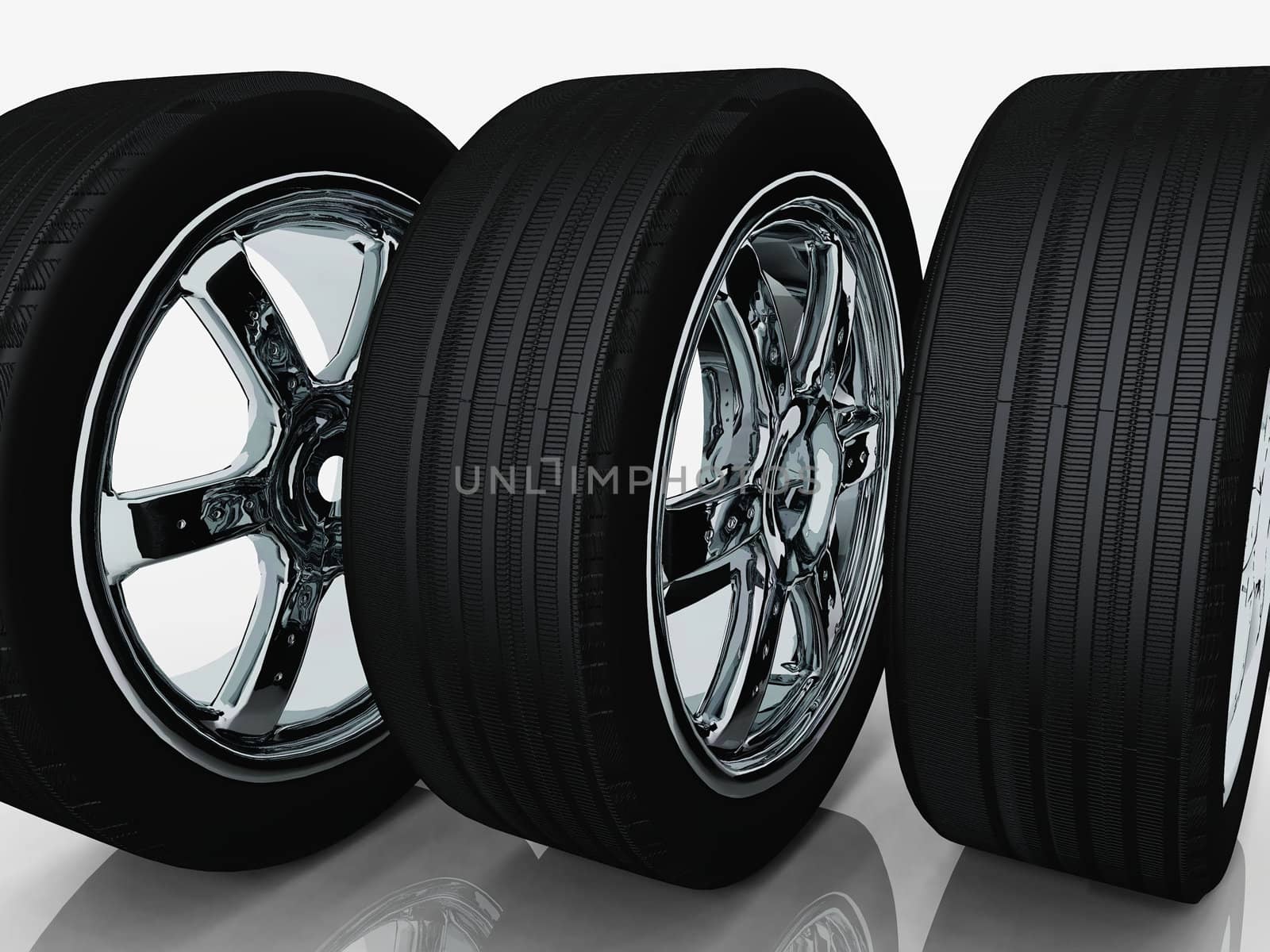 tires and rims on a white background