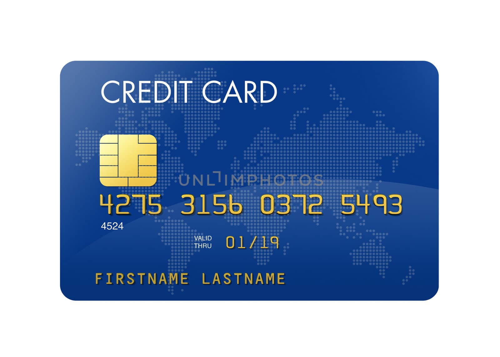 Blue credit card with world map - isolated on white with clipping path