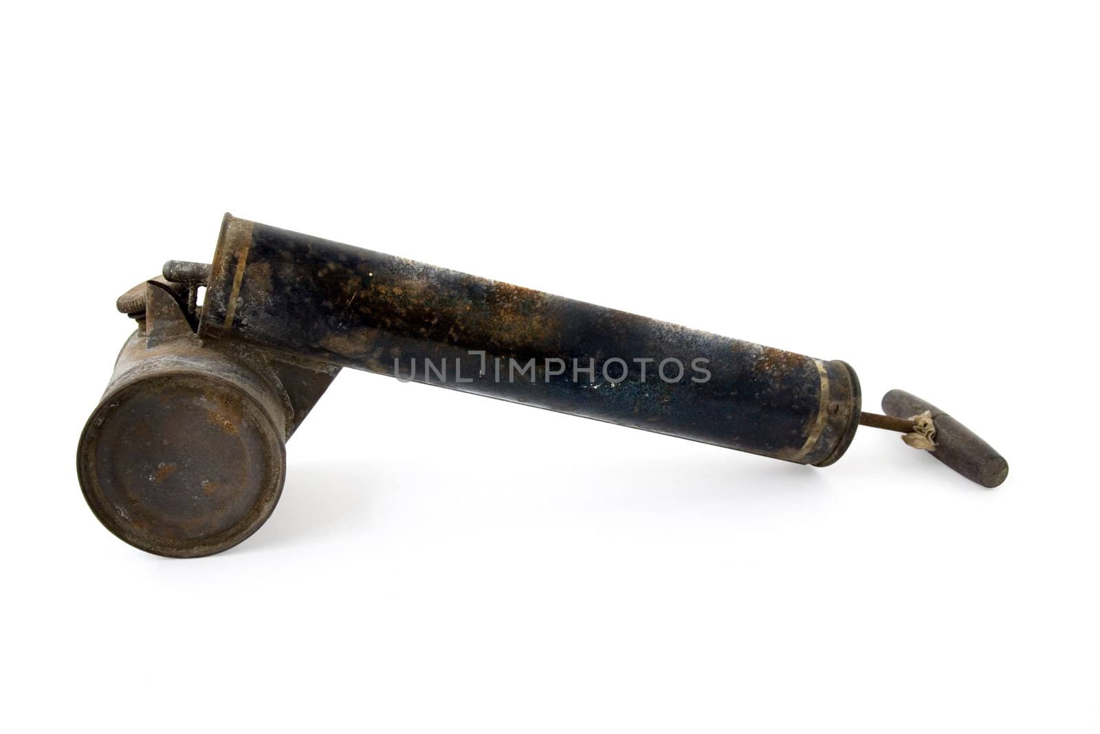 old rusty insecticide spray on white background