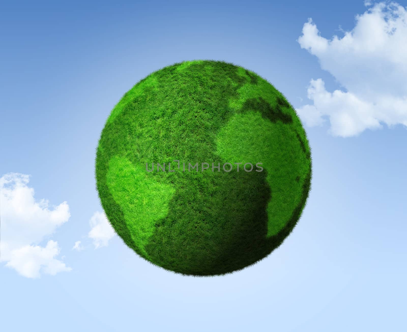 grass earth globe on a blue sky - three dimensional illustration