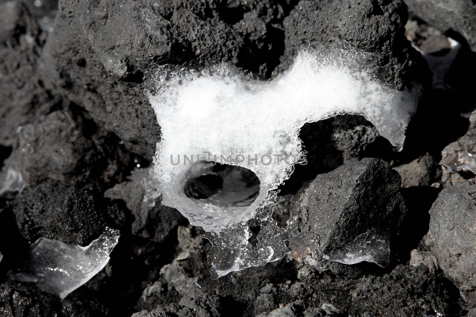 Ice on lava macro detail - mount Etna volcano