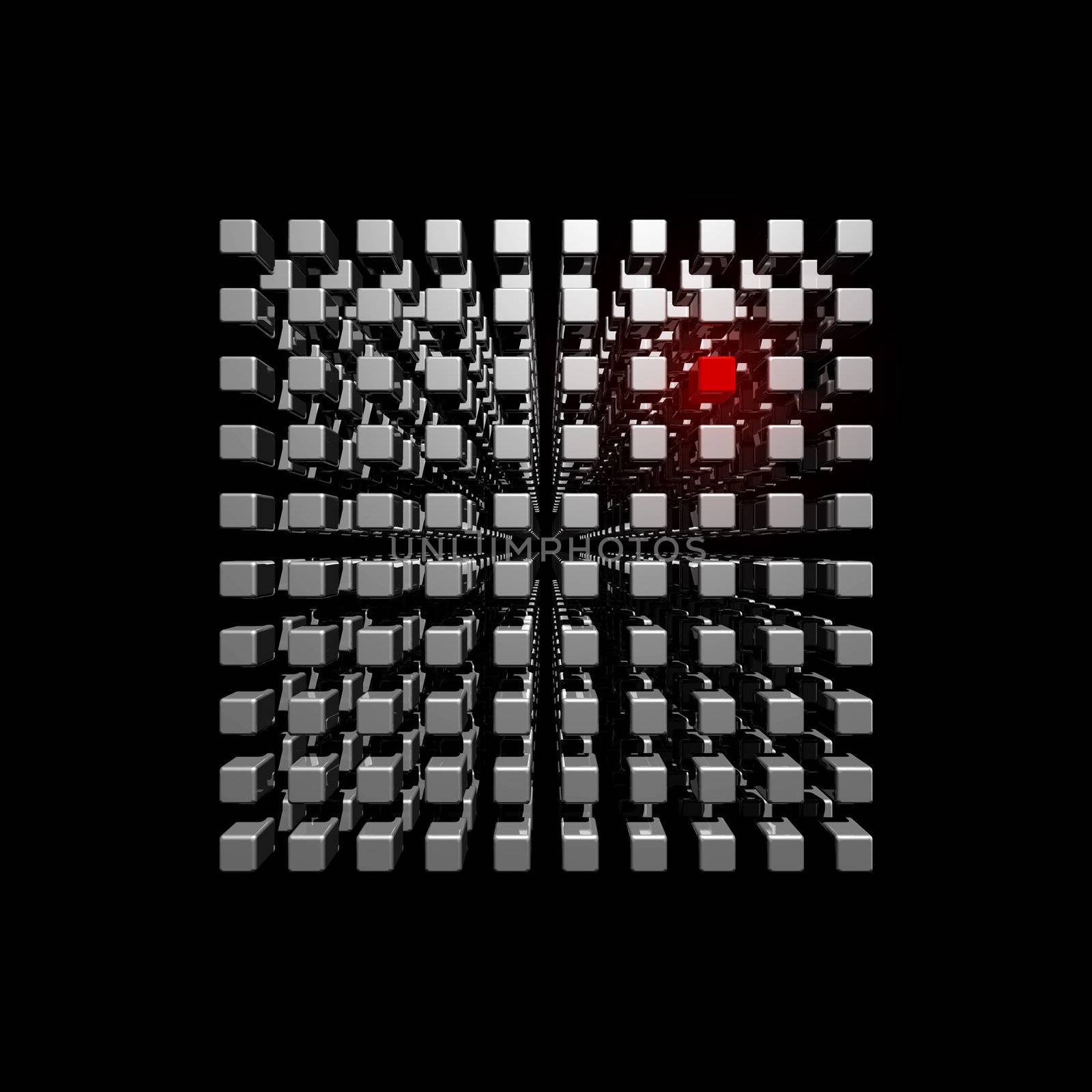 Isolated three dimensional cube made of metal cubes whith a red selected point