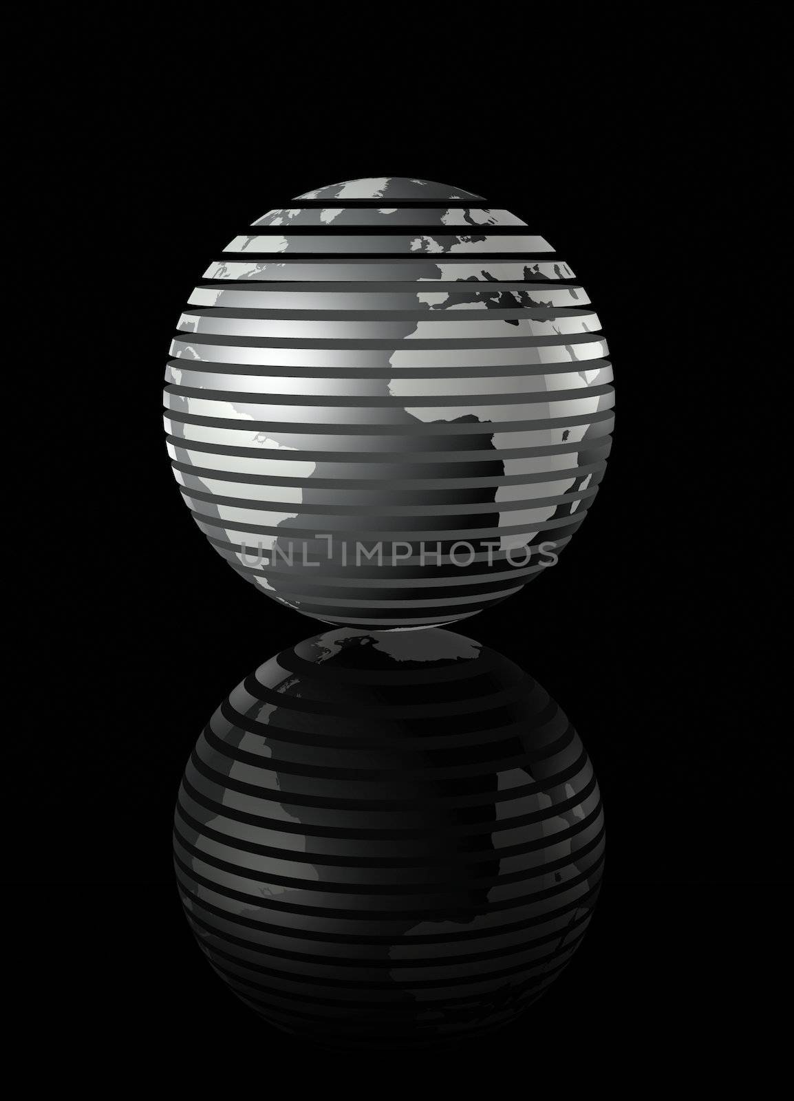 metal glossy earth globe on black background - three dimensional illustration