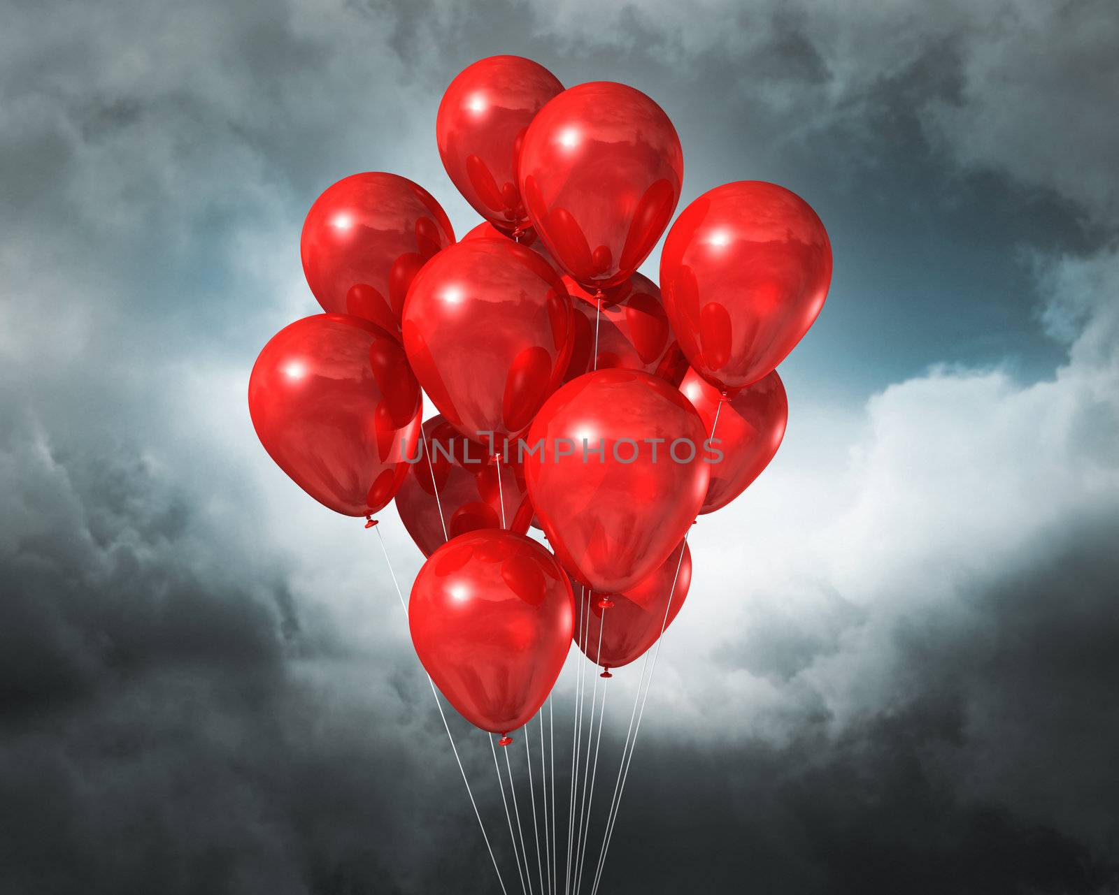 red balloons on a dark cloudy dramatic sky